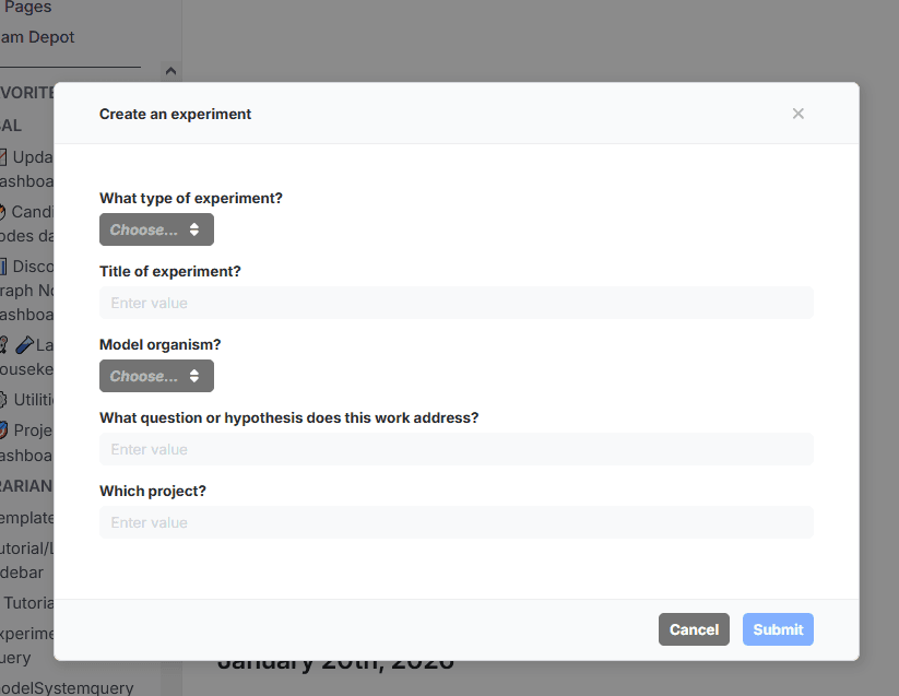 the create experiment modal